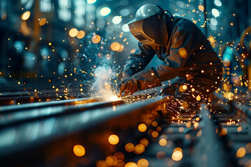 a welder at work, sparks flying, in cinematic lighting