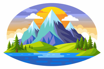 Mountain Range with a Lake and Sunset