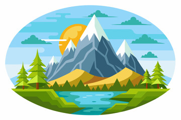 Mountainous Landscape with River, Forest, and Sun