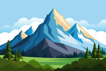 Mountain Range with Green Trees and Blue Sky