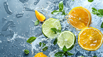 fruits and vegetables splashing in a graphic advertising background.