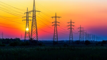 Electric towers lined up against a sunset