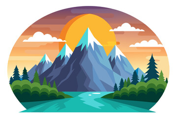 Mountainous Landscape with Sunset and River