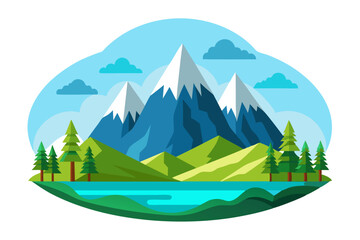 Mountain Landscape with Green Hills, Forest, and Lake