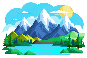 Mountain Range with Lake and Forest Landscape