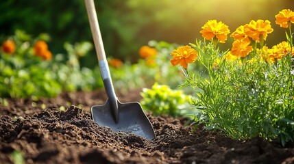 shovel inserted into rich soil in a garden, with vibrant marigold flowers and other plants bathed in sunlight, suggesting gardening activities. 