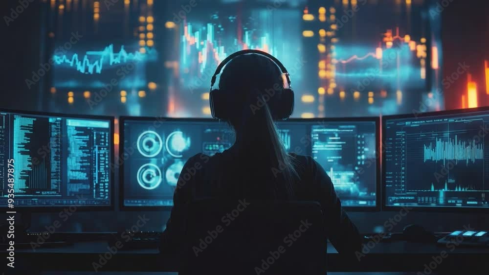 Poster a woman with headphones observes digital graphs and data visualizations on several screens in a dark