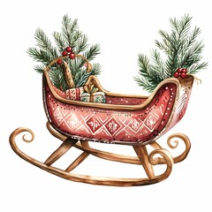 Watercolor Christmas Sleigh with Pine Branches and Gifts.