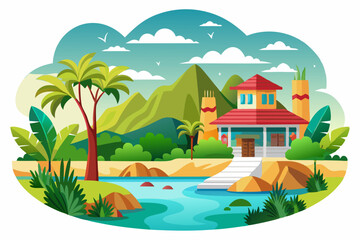 Tropical Landscape with House, Palm Trees, Mountains, and River
