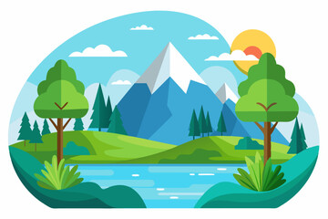 Mountain Landscape with River, Trees, and a Sunny Sky