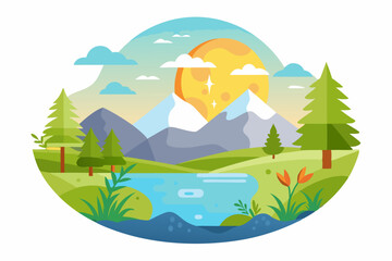 Mountainous Landscape with Sun, River, and Pine Trees