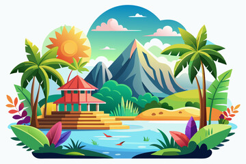 Tropical Landscape with a Red-Roofed House by a Lake