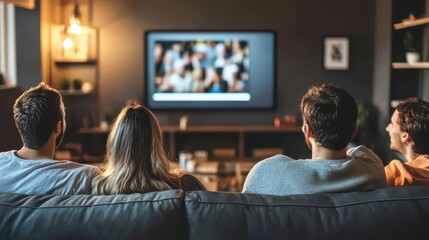 A group of friends gathers on a comfortable couch, watching a movie on a large screen TV in a warm and inviting living room
