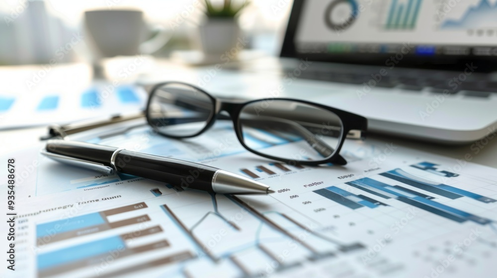 Poster a workspace features detailed business documents with financial graphs, a stylish pen, and stylish g