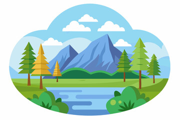 Mountainous Landscape with Trees, a River, and Clouds