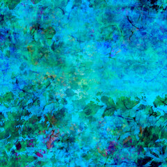 Multicolor summer tropical landscape texture Transparent watercolor layered wild plants on a blue green background Grainy grunge effect