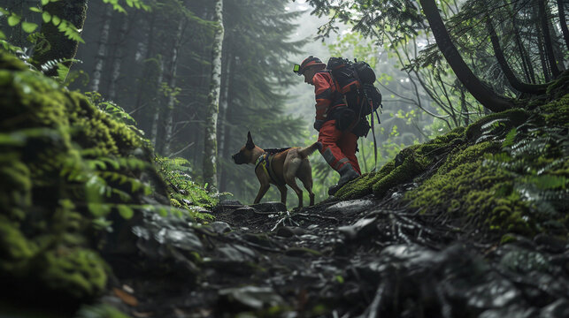 Search dog and handler working together to find a missing person