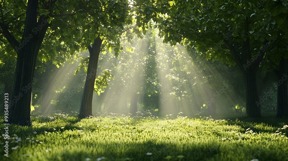Poster 90. stunning 3d visualization of a tranquil forest clearing with sunlight streaming through the tree