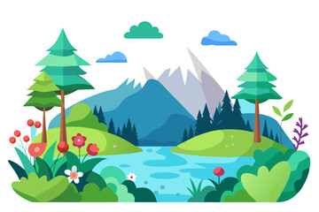 Fototapeta premium Picturesque Mountain Landscape with River, Trees, and Flowers