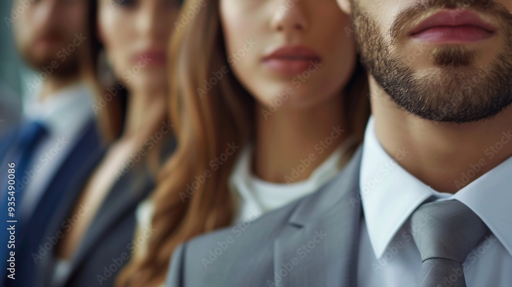 Poster a diverse group of professionals stands aligned in a modern office environment, dressed in business 