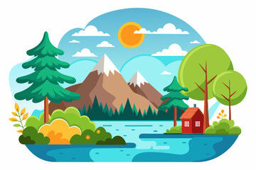 A Cabin by a Lake with Mountains and Trees in the Background