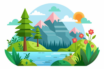 Scenic Mountain Landscape with River, Trees, and Flowers