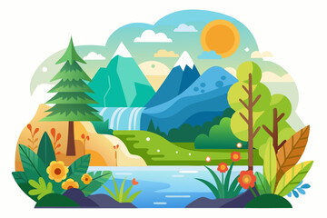 Colorful Illustration of a Mountain Landscape with a Waterfall and a River