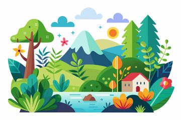 Colorful Landscape with House, River, and Mountain