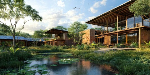 Obraz premium Wooden homes by a pond with lush vegetation.