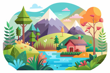 Fototapeta premium A Cabin Nestled in a Serene Mountain Landscape with a Winding River
