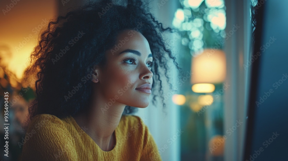 Wall mural woman gazing out window with