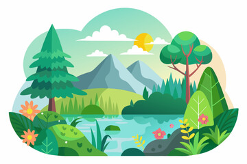 Fototapeta premium Scenic Landscape with Mountains, Trees, a River, and Flowers
