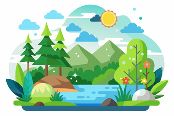 A Colorful Illustration of a Tranquil River Scene in a Forest with Mountains and Sunny Skies