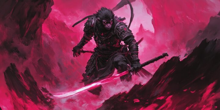 Journey to the West from Chinese mythology, portrait of Sun Wukong, anime style, black monkey, surrounded by cliffs, standing on pink clouds. Surrounded by flames, his eyes are sharp and firm, reflect