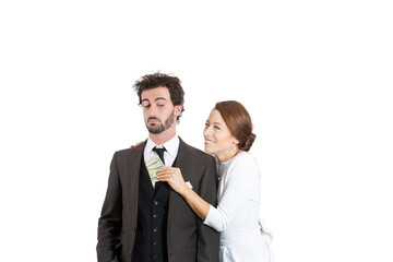 portrait of a young woman extorting money from her husband, taking cash out of his pocket	