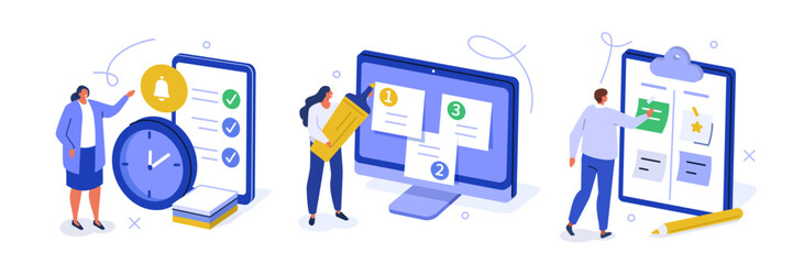 Business set. Characters managing, prioritizing and delegating important work tasks, filling to do list. Business and organization concept. Vector illustration.