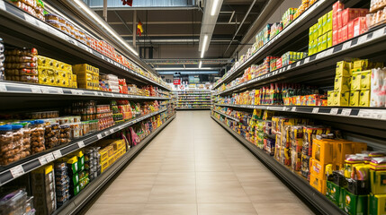 Fototapeta premium Woman shopping for groceries in a bustling supermarket aisle