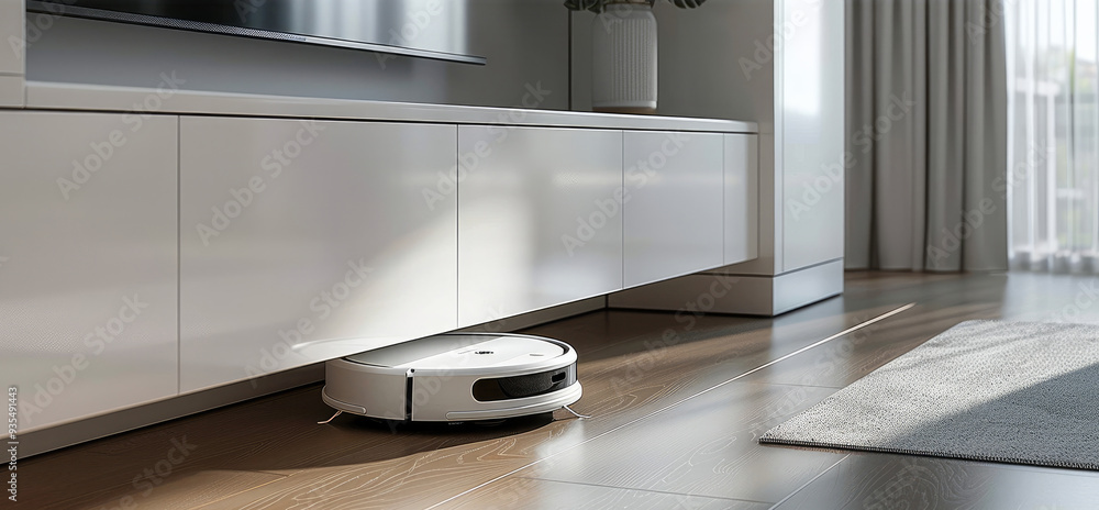 Poster a white cabinet with a small storage space for a round robot vacuum cleaner at the bottom, in direct