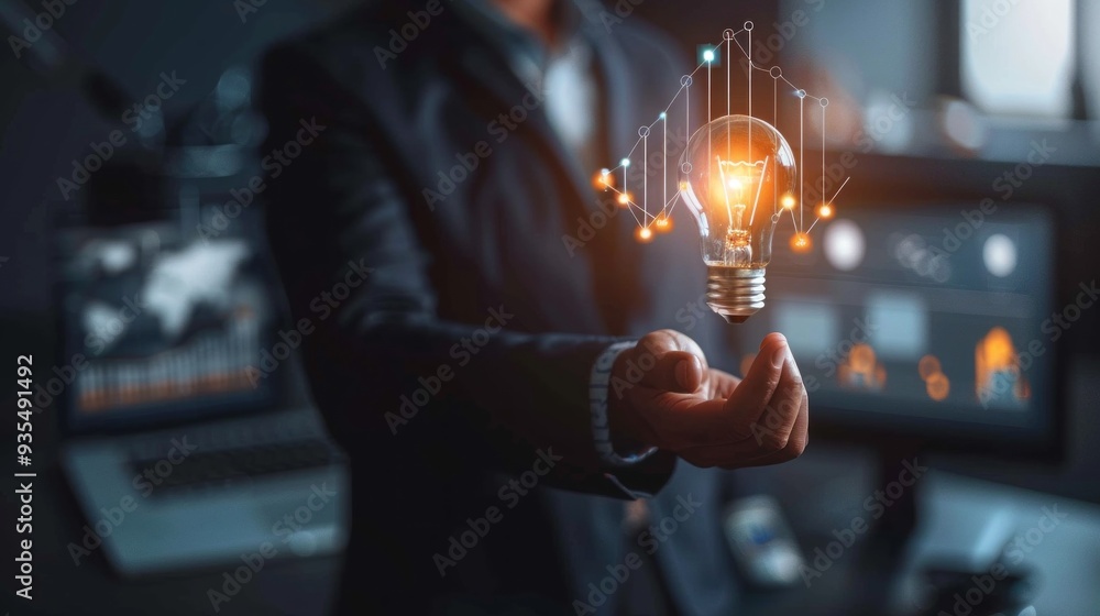 Poster a professional stands in a sleek office, showcasing a glowing light bulb that symbolizes innovation,