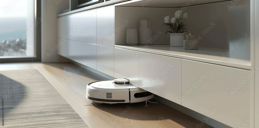 Poster a white cabinet with a small storage space for a round robot vacuum cleaner at the bottom, in direct
