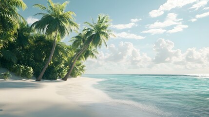 78. Stunning 3D visualization of a tranquil beach scene with gentle surf and lush palm trees, isolated on a clear background