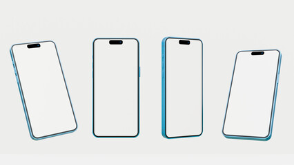 Realistic blue smartphone mockup on a white background. 3d mobile phone with blank white screen. Modern cell phone template. Illustration of device 3d blank screen