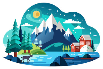A Cabin in the Mountains with a Deer by the Lake