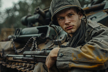 Fototapeta premium Generated with AI close up photo of soldier in full combat gear camouflage