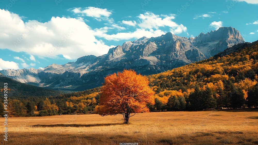 Poster rural autumn background mountains and colorful trees : generative ai