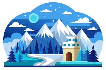 Naklejka premium Snowy Mountain Landscape with a Cabin and a Winding River at Night