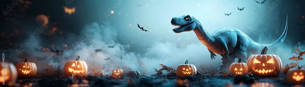 Poster a spooky halloween night with a giant inflatable dinosaur standing among lit jack-o'-lanterns and fo