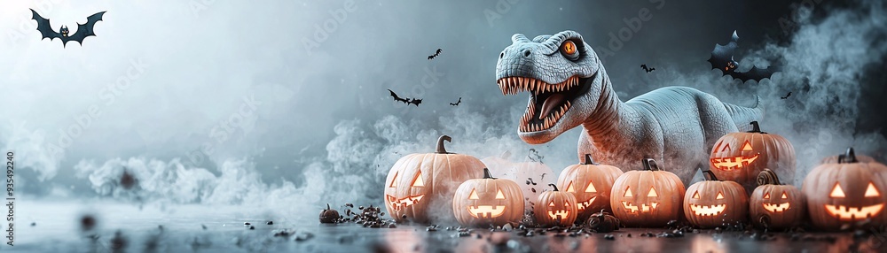 Poster a spooky halloween night with a giant inflatable dinosaur standing among lit jack-o'-lanterns and fo