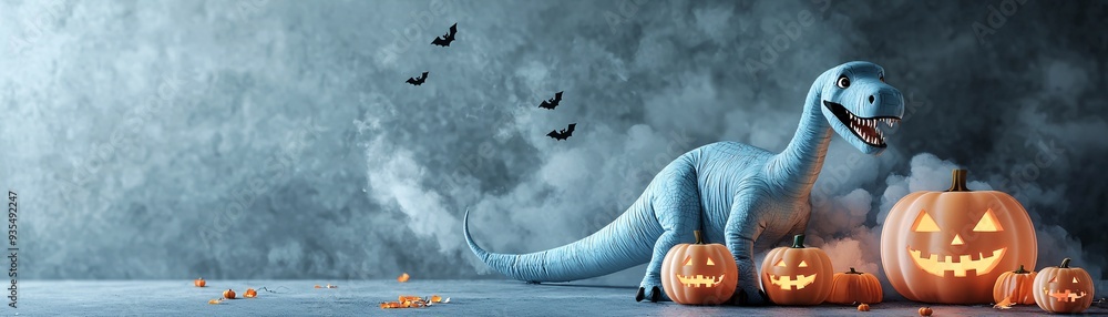 Poster a spooky halloween night with a giant inflatable dinosaur standing among lit jack-o'-lanterns and fo