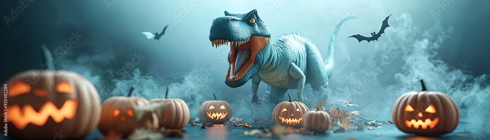 Poster a spooky halloween night with a giant inflatable dinosaur standing among lit jack-o'-lanterns and fo